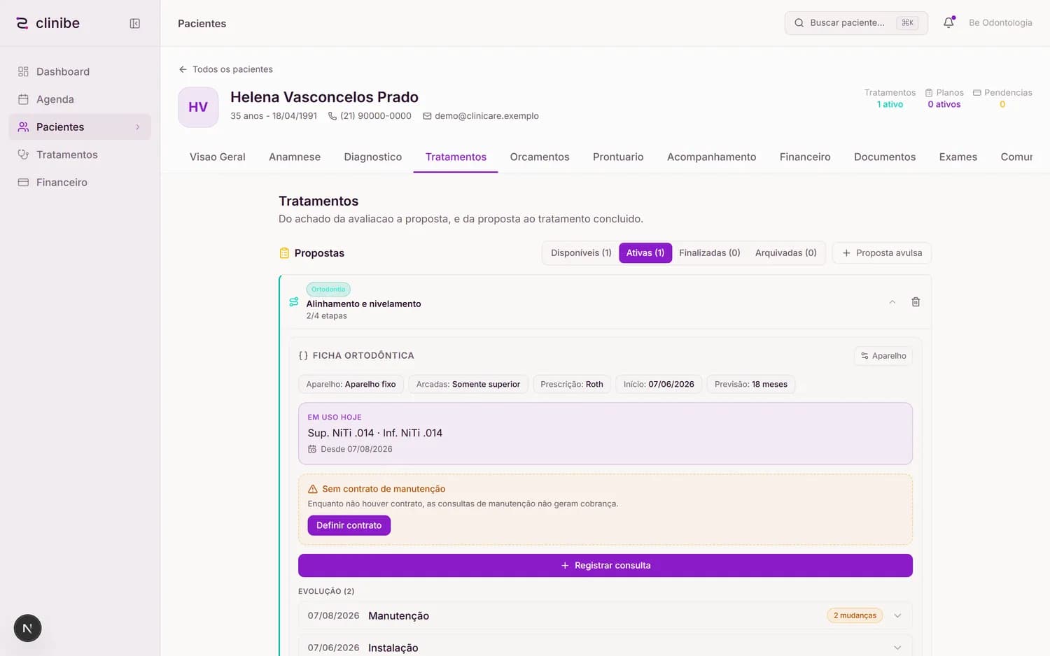 Ficha ortodôntica com a evolução por consulta e as etapas concluídas