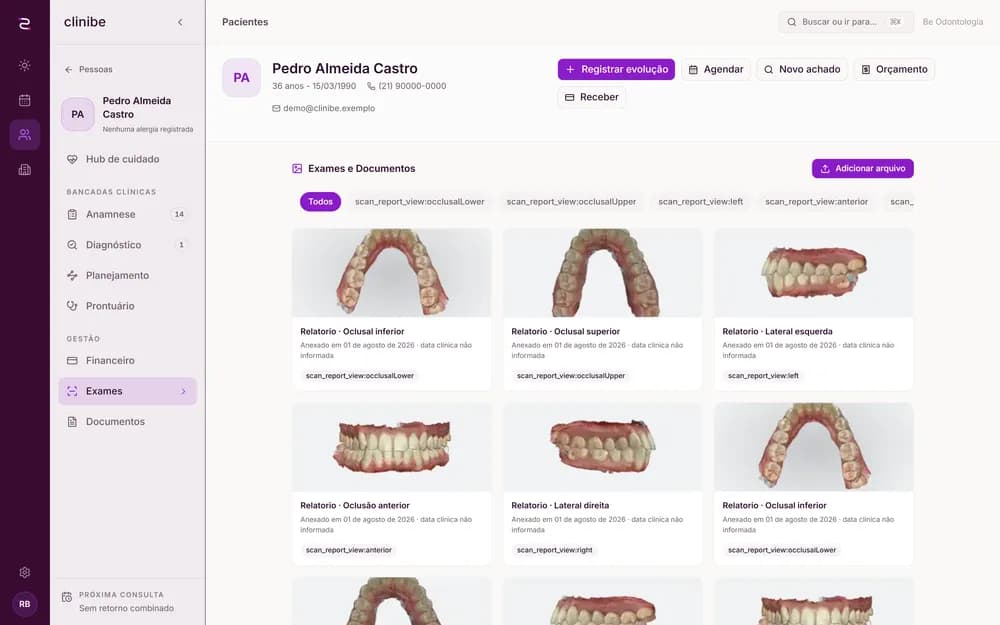 Visualizador 3D de arcada dentária dentro da avaliação clínica
